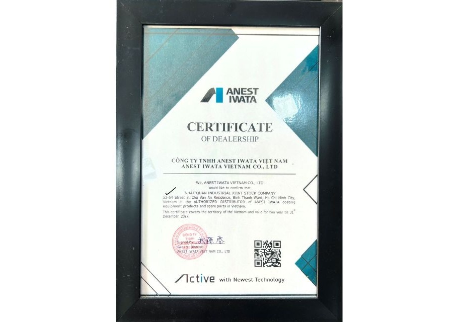 Chứng nhận đại lý phân phối chính hãng Anest Iwata của Nhất Quán JSC